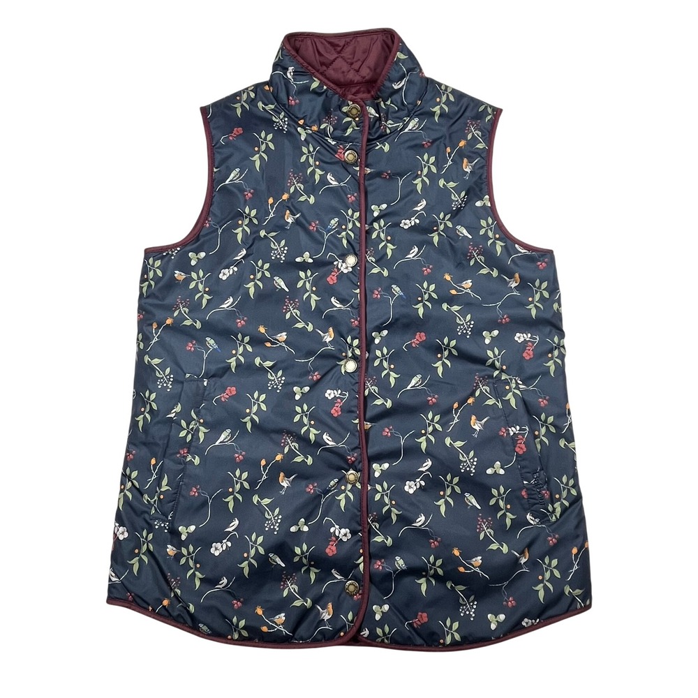 Barbour Burnham Gilet Quilted Vest Women Size 6 Burgundy Floral Bird *Flaw